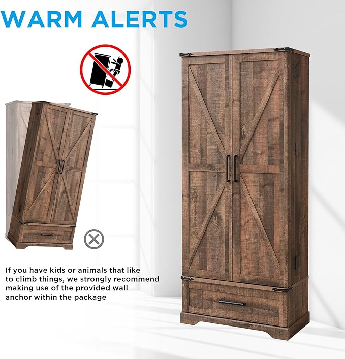 72" Farmhouse Kitchen Pantry Cabinet With Drawer, Tall Storage With 2 Barn Doors and Shelves, Versatile Large Rustic for Dining Room, Bathroom, Living Room, Rustic Brown-Ruum Studio Home