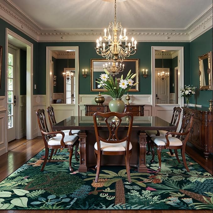 LIVEBOX Washable Jungle Dark Green Rugs 9x12 for Living Room, Stain Resistant Soft Kids Area Rugs for Bedroom, Non-Skid Modern Dining Room Rug Floor Carpet for Playroom Kids Nursery-Ruum Studio Home