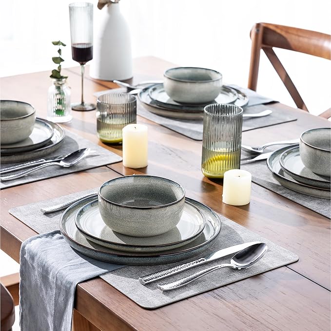 GBHOME Ceramic Dinnerware Sets for 6, 18 Pieces Stoneware Plates and Bowls Sets, Reactive Glaze Dishes -Scratch Resistant, Dishwasher&Microwave Safe, Green Wheat-Ruum Studio Home