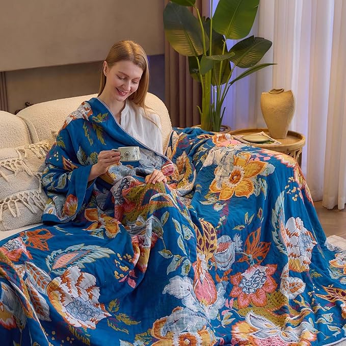 Boho Throw Blanket, Blue Lightweight Blankets for Summer, 100% Cotton Bohemian Decorative Throw Blanket, 80"x90" Reversible Muslin Breathable Woven Farmhouse Blankets Quilt,-Ruum Studio Home