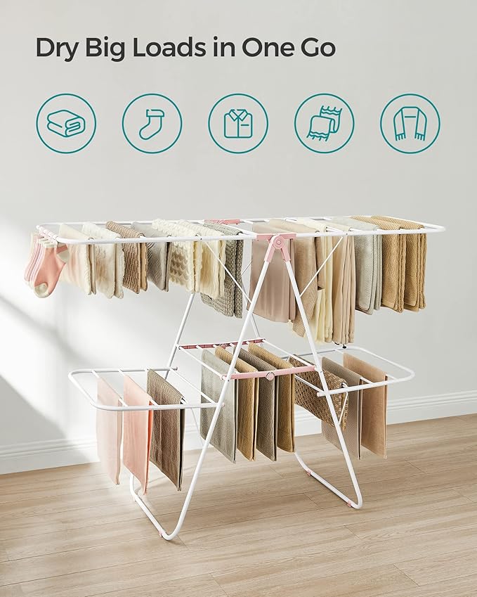 SONGMICS Clothes Drying Rack, Foldable 2-Level Laundry Drying Rack, Free-Standing Laundry Airer, with Height-Adjustable Wings, 33 Drying Rails, Sock Clips, White and Pink ULLR053P01V1-Ruum Studio Home