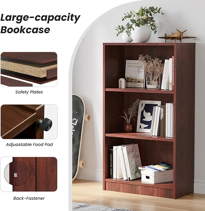 Bookshelf, Open Modern Bookshelf, 3 Shelf Bookcase with Freestanding Display Storage, Wooden Book Shelf for Bedroom, Living Room, Dinning Room, Office, Brown-Ruum Studio Home