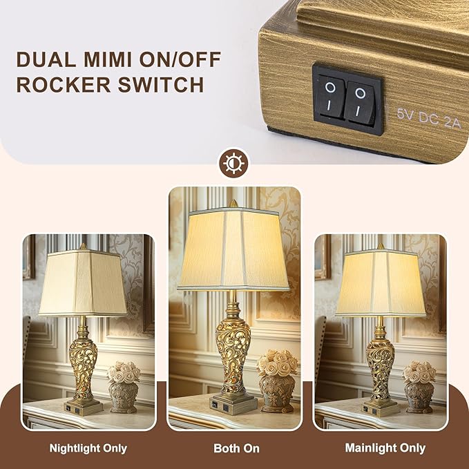 28.5'' Table Lamps Set of 2 for Living Room, Vintage Bedside Lamps with USB A+C Ports & Nightlight, Farmhouse Nightstand Lamps with Faux Silk Shade for Bedroom, Study Room, Office (LED Bulbs Included)-Ruum Studio Home