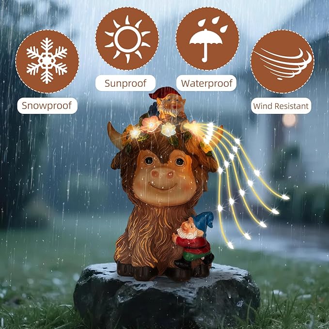 Solar Highland Cow Outdoor Statues for Garden: Outside Decor with Funny Gnomes Clearance for Yard Art Lawn Ornaments Porch Patio Balcony Home House - Birthday Gifts for Grandma Mom Women(Cow Gnome)-Ruum Studio Home