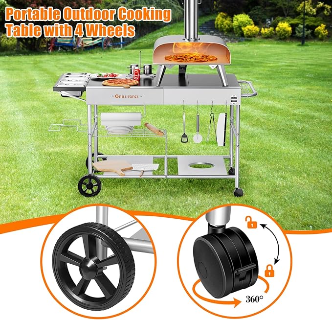 Pizza Oven Table with Topping Station, Outdoor Pizza Oven Cart, Grill Table for Outside, Grill Cart, Food Prep Work cart Fits for Ninja Woodfire Grill, Blackstone Griddle,Tabletop Grill-Ruum Studio Home
