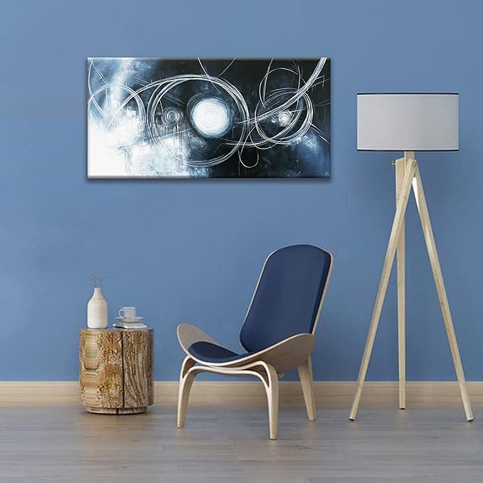 TAIJXAGSG Canvas Wall Art Decor Artwork Modern Paintings Dark Blue Wall Decorations Maximalist White Line Abstract Wall Art Prints For Wall Bedroom Kitchen Office Artwork Ready To Hang 20"×40"-Ruum Studio Home