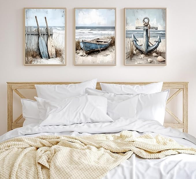 3Pcs Nautical Beach Wall Art Sailboat Paddle and Anchor Paintings Pictures Wall Decor Nautical Coastal Posters Prints Artwork for Living Room Bedroom Home Office Corridor Home Decroation Unframed-Ruum Studio Home