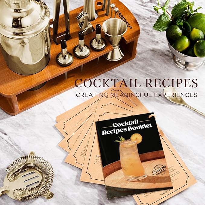 KITESSENSU Cocktail Shaker Set Bartender Kit with Stand | Bar Set Drink Mixer Set with All Essential Accessory Tools: Martini Shaker, Jigger, Strainer, Mixer Spoon, Muddler |Champagne Gold-Ruum Studio Home