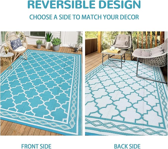 GAOMON Outdoor Plastic Straw Rug, 10'x14' Reversible Sage Green Patio Mat, Flower Modern Design for RV, Backyard, Deck, Camping, Picnic, Teal/White(Geometric)-Ruum Studio Home
