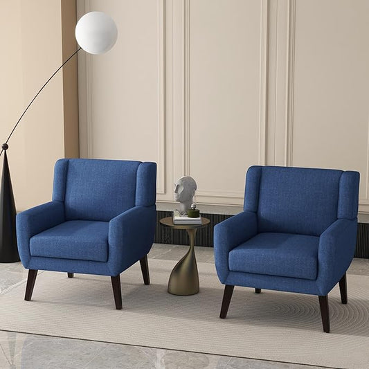 UIXE Accent Chairs Set of 2, Fabric Upholstered Armchair for Living Room, Comfy Arm Chair Single Sofa Bedroom Side Reading Seat - Flax Blue-Ruum Studio Home