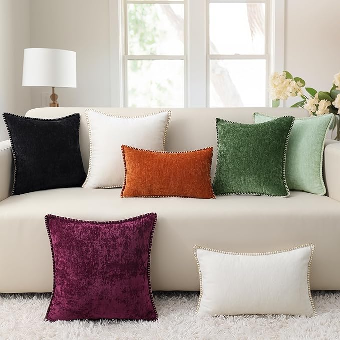 decorUhome Chenille Soft Throw Pillow Covers 16x16 Set of 2, Farmhouse Velvet Neutral Decorative Euro Pillow Covers with Stitched Edge for Couch Sofa Bed Home Decor, Black-Ruum Studio Home