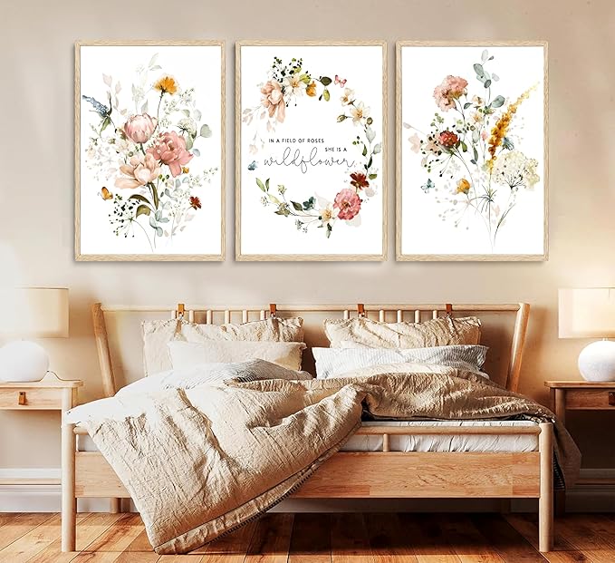 3Pcs Pink Flowers Canvas Wall Art In A Field Of Roses She Is A Wildflower Painting Picture Decor Watercolor Wreath Poster Print Artwork for Nursery living room Girls Room Home Decoration Unframed-Ruum Studio Home