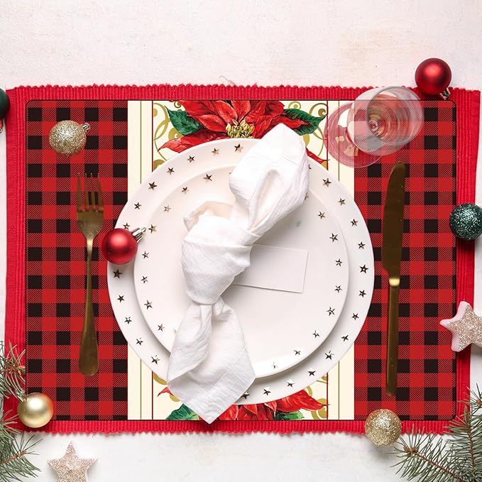 Christmas Poinsettia Placemats Set of 6 Red Watercolor Poinsettia Plastic Table Mats Christmas Xmas Red Flower Place Mats Winter Holiday Table Decoration for Indoor Outdoor Party Kitchen Dining-Ruum Studio Home
