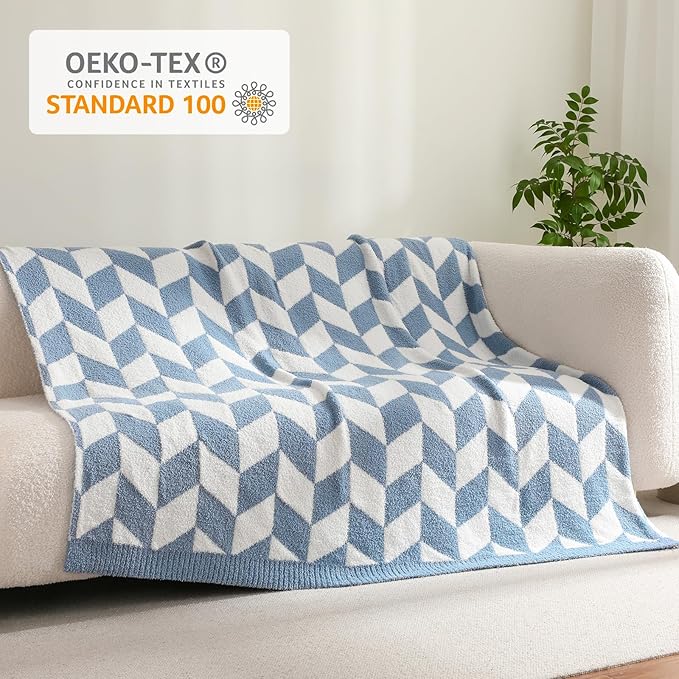 Snuggle Sac Twin Size Blue Blankets for Bed, Super Soft Warm Blankets Oversized Cozy Knit Fuzzy Blanket for Living Room, Chevron Blue,60x80 inches-Ruum Studio Home
