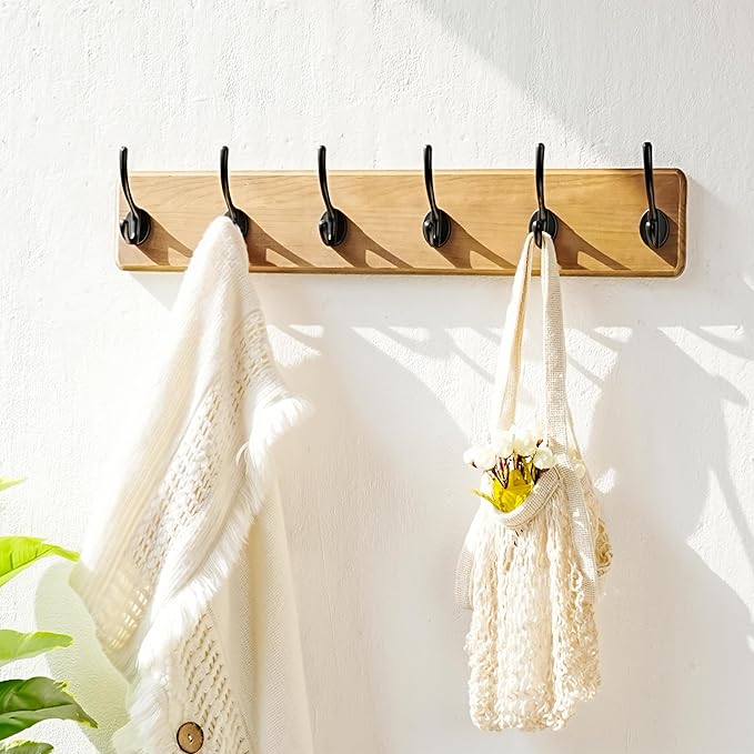 Dseap Wall Mounted Coat Rack: 24" Long, Patented, Heavy-Duty, 6-Double-Hooks Wooden Hanger Rail for Winter Coats, Hat, Jacket, Clothing - Weathered Brown, Pack of 2-Ruum Studio Home