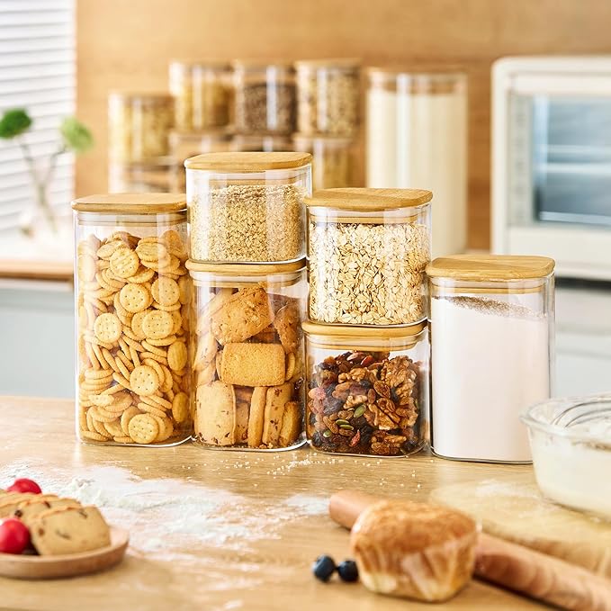 Extra Large Square Glass Flour & Sugar Storage Containers with Airtight Lids, 168 floz & 84 floz - 2 Pack Glass Jars with Bamboo Lids, Air tight Food Storage Containers for Cereal, Pasta, Rice-Ruum Studio Home