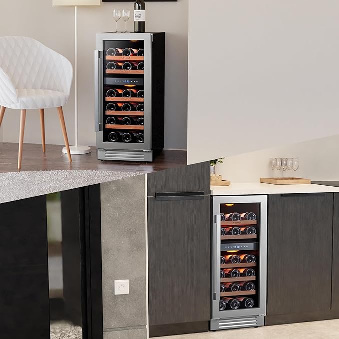Ca'Lefort 15 Inch Wine Fridge, 28 Bottle Wine Cooler Refrigerator, 40-65°F Wine Refrigerator Glass Door, 3 LED Dual Zone Wine Fridge, Built-in or Freestanding Fridge for Home/Bar/Kitchen (3.0 cu.ft)-Ruum Studio Home