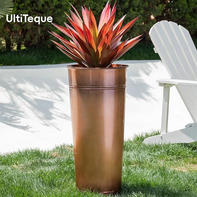 28in Tall Antique Copper Metal Vintage Planter Set of 2,Galvanized Steel Planter Pots for porches/Indoor/Outdoor/terraces Patio- Copper Color(2planters,2inner pots with Holes, 2trays)-Ruum Studio Home