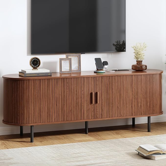 63" TV Stand with Power Outlet, Modern Media Console with Sliding Doors, Entertainment Center for TVs up to 60 Inch, Adjustable Shelves, Walnut-Ruum Studio Home