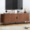 63" TV Stand with Power Outlet, Modern Media Console with Sliding Doors, Entertainment Center for TVs up to 60 Inch, Adjustable Shelves, Walnut-Ruum Studio Home