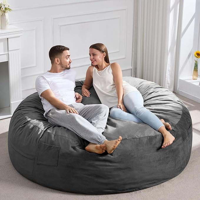 Hobestluk 6FT Bean Bag Chair Bean Bag Chairs for Adults Giant Bean Chairs with Velvet Cover, Memory Foam BeanBag Chair Fluffy BeanBag Chairs for Living Room, Bedroom- Grey (70" x 70" x 15")-Ruum Studio Home