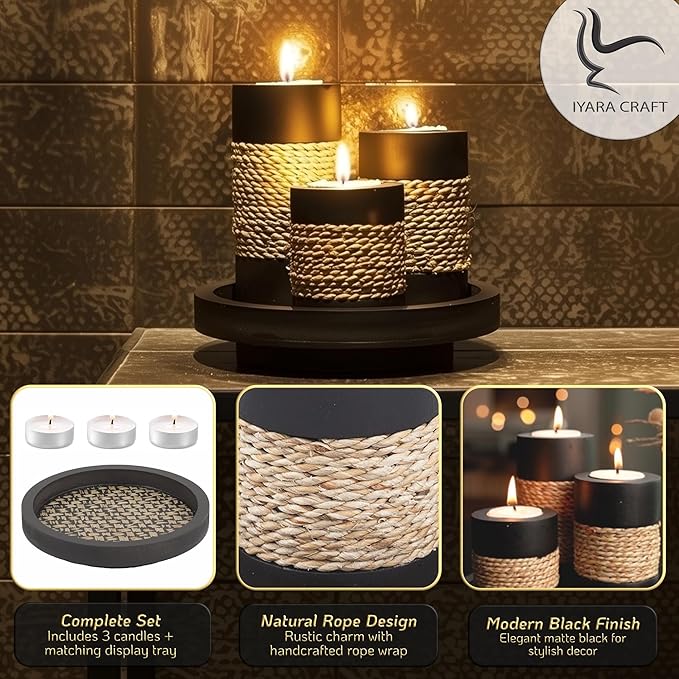 IYARA CRAFT Tealight Candle Holders with Tray – Set of 3 Handmade Wooden Candle Holders with Natural Rope Accent – Rustic Black Decor for Table Centerpiece, Office or Gift-Ruum Studio Home
