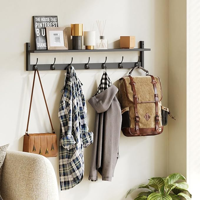 BAMEOS 35 Inch Wall Hooks With Shelf - Entryway Hanging Wood Coat Rack With 7 Dual Hooks for Bathroom, Living Room, Bedroom (Black)-Ruum Studio Home