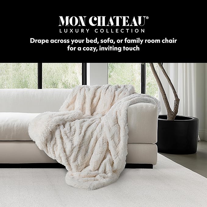 Mon Chateau Premium Reversible Queen Size Luxury Faux Fur Throw for Couch, Sofa, or Queen Size Bed - Plush Cozy Soft Blanket for Sleeping or Home Décor, 60" x 70" (Ivory Jacquard)-Ruum Studio Home