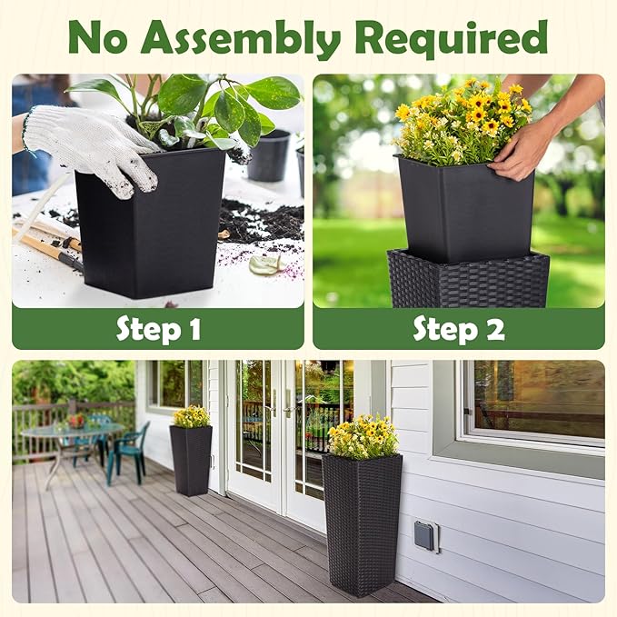 IDZO Wicker All-Weather Planter Set with Liners Tall Plant Decor Box for Outdoors Patio Herb Garden Furnishings - Rectangular Mocha-Ruum Studio Home