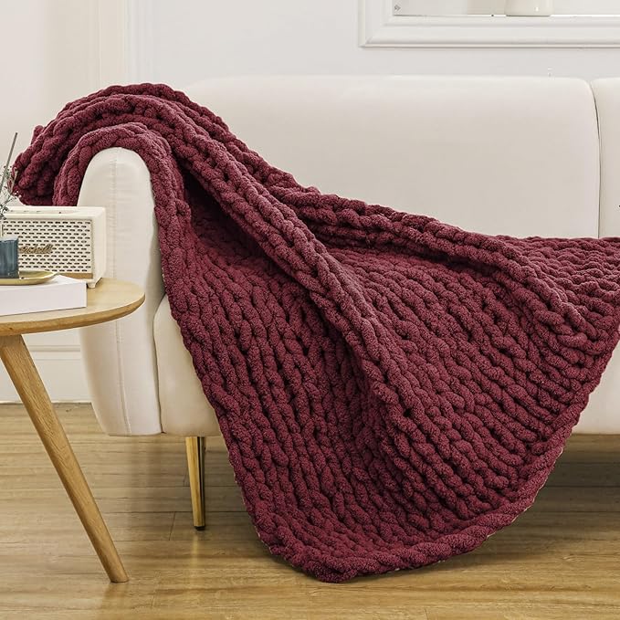 WESHIONGOO Chunky Knit Blanket Throw 40"×40" Knitted Throw Blankets for Couch Bed Fluffy Soft Blanket with Jumbo Chenille Yarn Thick 100% Handmade (Burgundy Red)-Ruum Studio Home