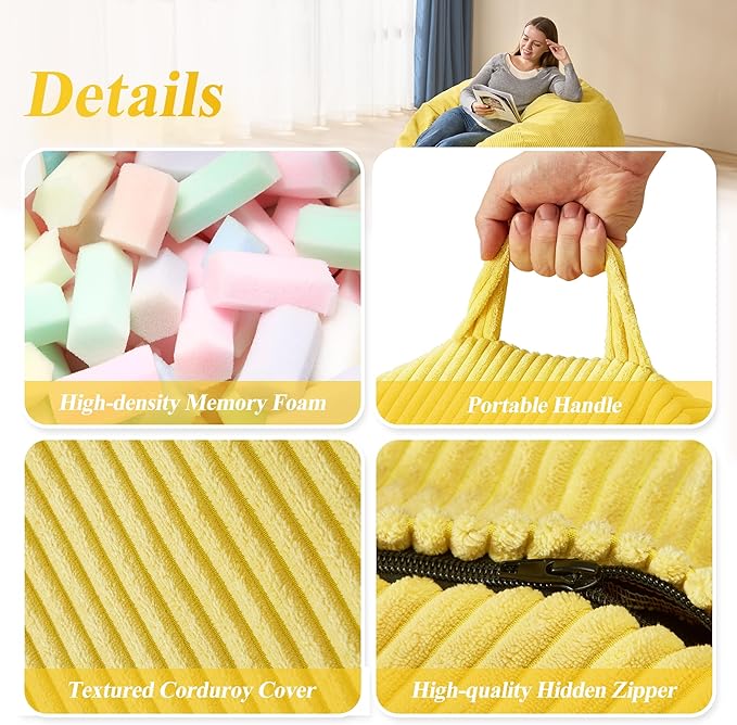 3.5FT Bean Bag Chairs Teardrop Bean Bag Chair for Adults Beanbag Chair with Memory Foam Filled Machine Washable Cover for Living Room, Bedroom (Large,Yellow)-Ruum Studio Home