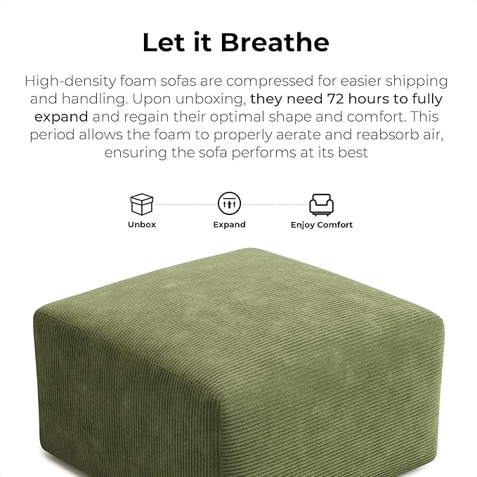 LIKIMIO 120" Modern L-Shaped Modular Sectional Sofa for Living Room, Corduroy Upholstery Green, Oversized 3-Seater Couch with Deep Seat and Movable Ottoman – No Assembly-Ruum Studio Home