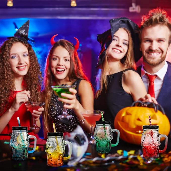 Halloween Cups Set of 4 - Skull Mason Jar with Lids Straws and Handle - Colorful Drinking Glasses for Halloween Party Bar Decor, 16 oz-Ruum Studio Home
