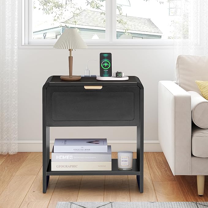 LEVNARY Nightstand with Charging Station, Mid-Century Modern Bedside Table with Curved Top Corners and Storage Drawer, Wooden End Table for Farmhouse Bedroom Living Room (1, Black)-Ruum Studio Home