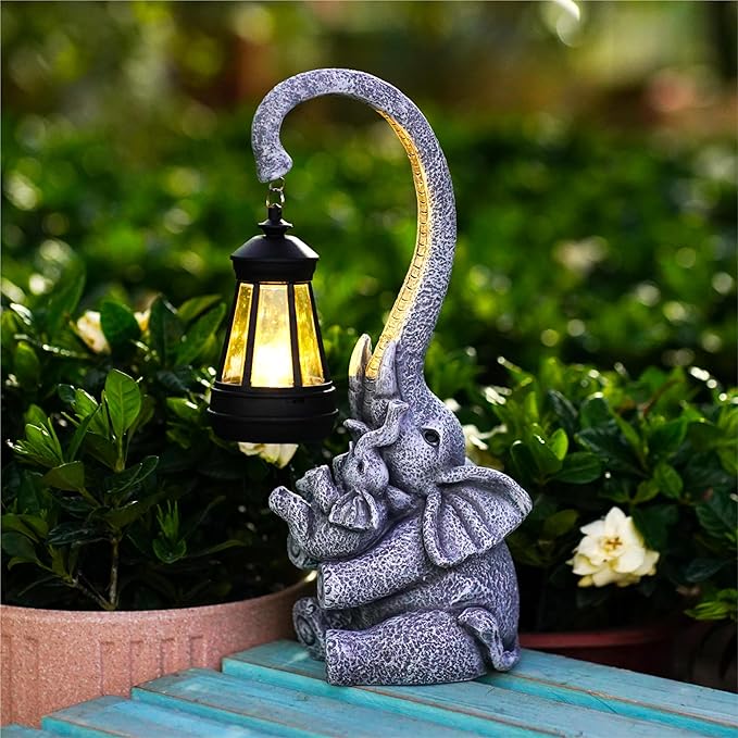 Elephant Outdoor Statues with Cute Baby Garden Decor, Resin Elephant Figurines with Solar Lantern Outdoor Decoration Gifts for Mothers Day, Birthday Day-Ruum Studio Home