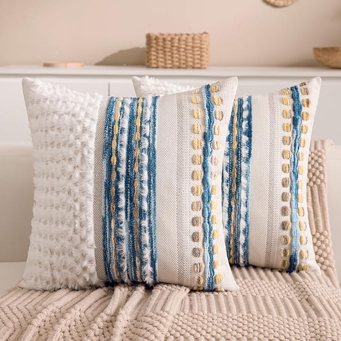 Boho Chenille Tufted Couch Throw Pillow Covers 18x18 Inch Set of 2 Farmhouse Striped Decorative Pillow Covers Accent Neutral Square Pillowcase Blue Cushion Covers for Livingroom Sofa Bed-Ruum Studio Home