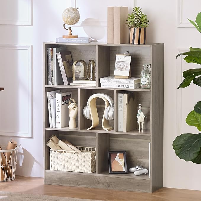 LEYAOYAO 7 Cube Bookshelf with Base,3 Tier Mid-Century Modern Grey Bookcase,Standing Wide Bookshelves Storage Organizer Shelf,Rustic Wood Display Cabinet Book Shelves for Bedroom,Living Room,Office-Ruum Studio Home