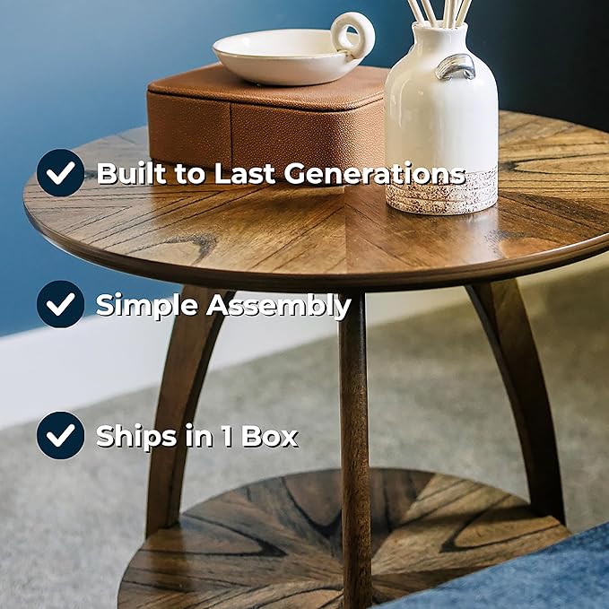 Martin Svensson Home Round Wood Nutmeg Brown Living Room End Side Accent Table Nightstand with Storage Shelf-Ruum Studio Home