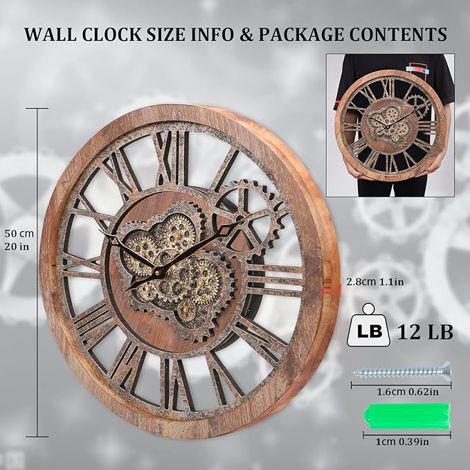 HOIBAI Large Wall Clock, Wall Clocks for Living Room Decor 20 Inch Farmhouse Vintage Rustic Kitchen Wall Decor Vintage Roman Oversized Wall Clock for Home Bedroom House, Moving Gears Clock-Ruum Studio Home