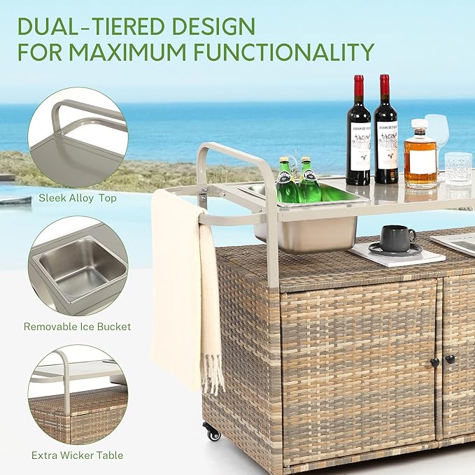 Wicker Outdoor Bar Cart with Ice Bucket, Patio Bar Table with 2 Ratten Doors Cabinet and Casters for Grill, Kitchen and Garden,Beige-Ruum Studio Home