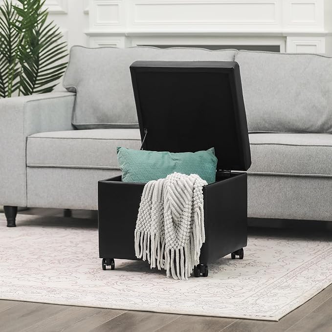 Adeco 17.7" Leather Ottoman with Wheels, Black Square Rolling Ottoman with Storage, Upholstered Button Tufted Vanity Stool with Hinged Lid for Living Room, Bedroom, Dorm-Ruum Studio Home