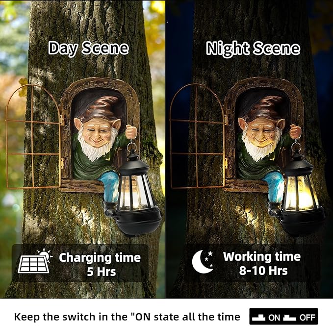 Garden Gnome Decor Outdoor Statue - Gnome With Solar Waterproof Lantern, Whimsical Elf Out The Door Tree Hugger Garden Statues, Home, Fence, Patio, Resin Ornament, Gardening Gift Tree Faces Gnomes-Ruum Studio Home