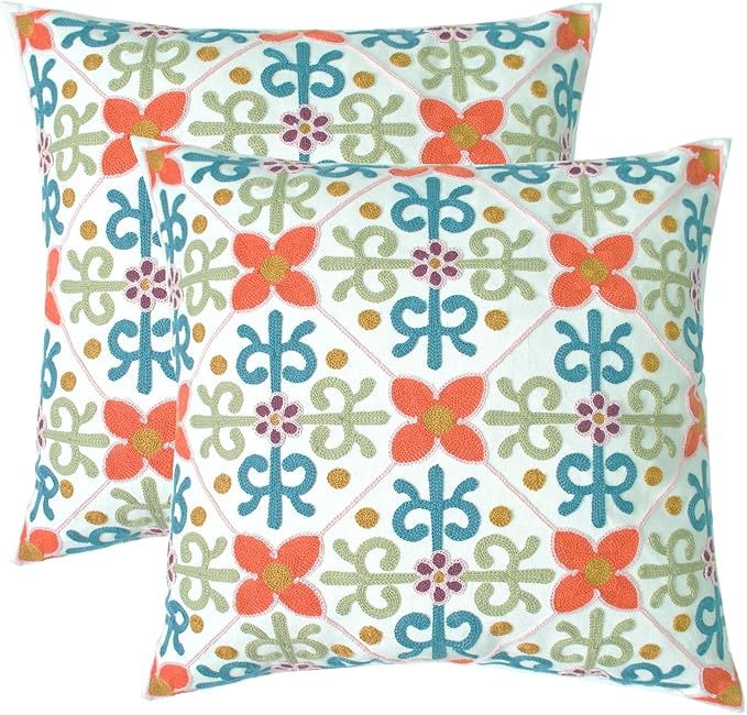 Embroidered Decorative Throw Pillow Cover, 18"x18" Set of 2, Farmhouse Pillowcase Colorful Flower Knit Pattern Cotton Canvas Cushion Case Square Floral Pillow Case for Sofa Couch Bed Living Room-Ruum Studio Home