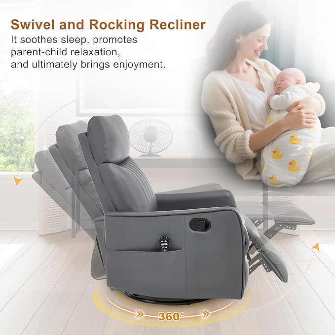 Manual Swivel Rocker Recliner Chair for Adults, Overstuffed Reclining Glider Chair for Nursing with Vibration Massage & Heat, Living Room Rocking Recliner 2-Stage backrest, Faux Leather Gray-Ruum Studio Home