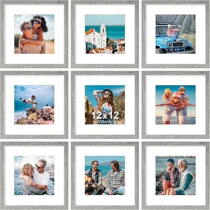 Vittanly 12x12 Picture Frames Set of 9, Shatter Resistant Plexiglass, Display 8x8 Pictures with Mat or 12x12 without Mat, Photo Frames for Wall Mount, Engineered Wood, Grey-Ruum Studio Home