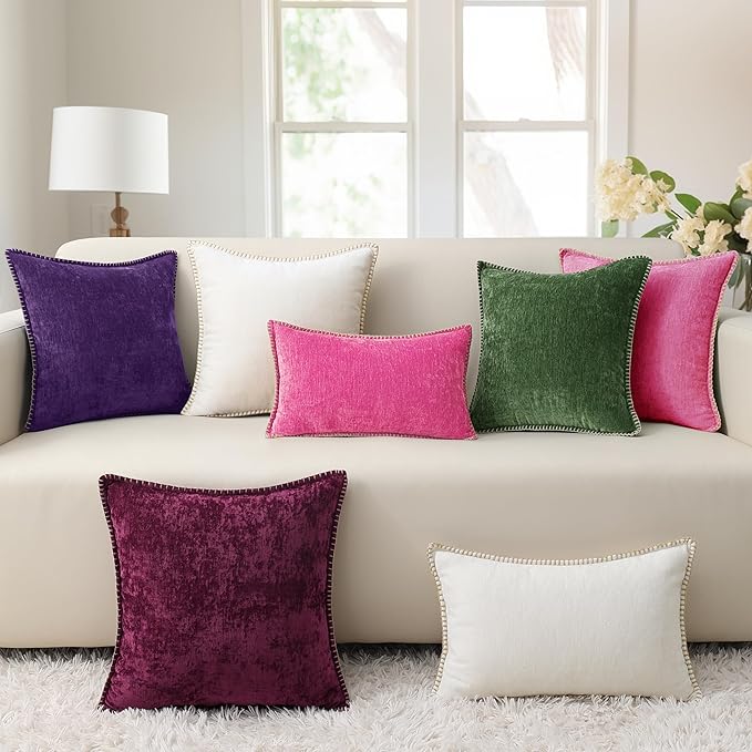 decorUhome Chenille Soft Throw Pillow Covers 20x20 Set of 2, Farmhouse Velvet Neutral Decorative Euro Pillow Covers with Stitched Edge for Couch Sofa Bed Home Decor, Hot Pink-Ruum Studio Home