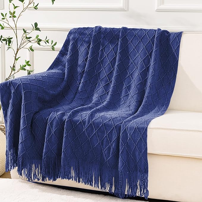 inhand Navy Blue Throw Blanket for Couch and Bed, Soft Living Room Home Decor Knitted Twin Size Blanket, Outdoor Lightweight Breathable Summer Blanket, Farmhouse Warm Woven Decorative, 60"x80"-Ruum Studio Home