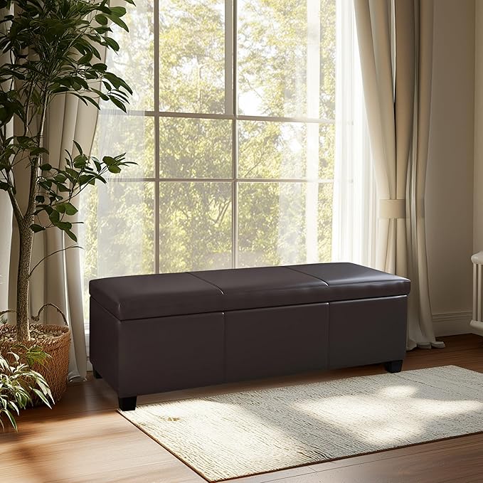 BELLEZE 47 Inch Storage Ottoman, Faux Leather Storage Bench Bedroom Bench with Safety Close Hinge, Ottoman with Storage for Living Room, Entryway, Hallway, Foot Rest, Support 300lbs - Brown-Ruum Studio Home