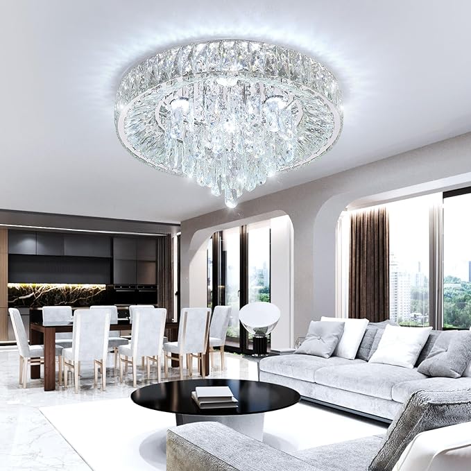 Modern Crystal Chandeliers for Dining Room LED Light Fixture Close to Ceiling Chandelier Flush Mount Ceiling Light Dimmable Lamp with Remote for Living Room Bedroom Hallway 2700K 6000K-Ruum Studio Home