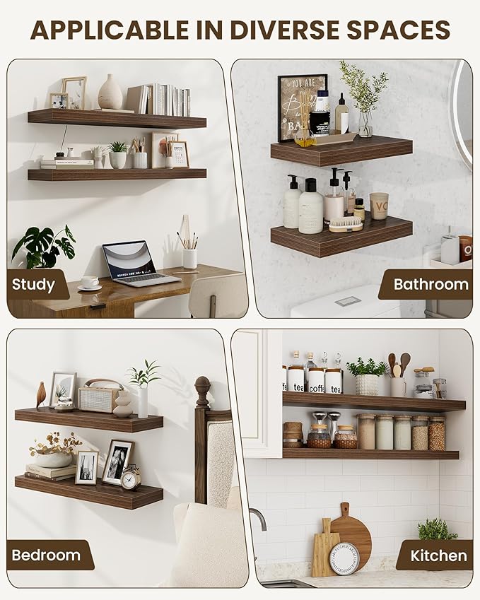 Marsmiles 55" Floating Shelves for Wall, Wooden Shelves with Invisible Brackets Set of 2, Rustic Farmhouse Wall Mounted Shelf for Kitchen Bathroom Living Room Study, Walnut-Ruum Studio Home